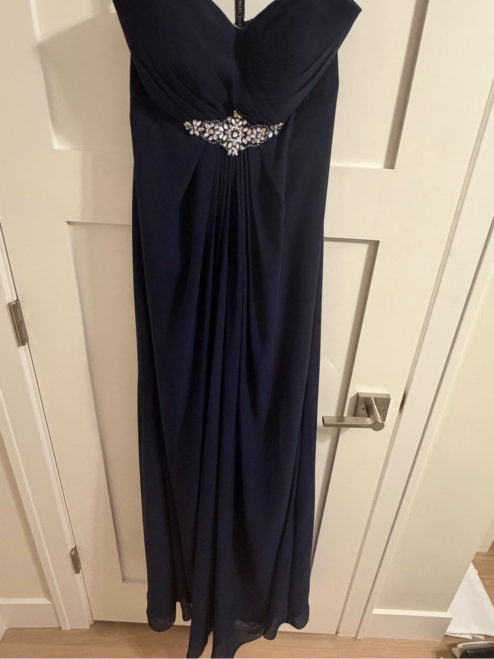 Navy Evening Gown with Crystal Waist Accent